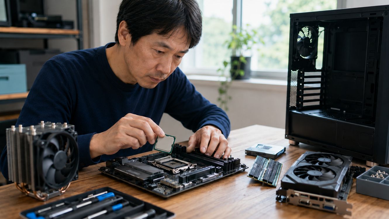 CPUをマザーボードへ取り付ける前にソケットや周辺パーツを確認する作業風景