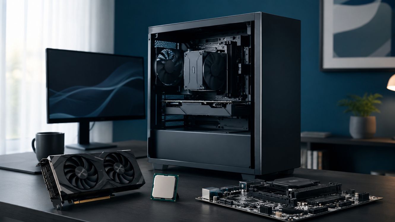 CPUとGPU、マザーボードを並べた自作PC用CPU選びを表すデスク環境