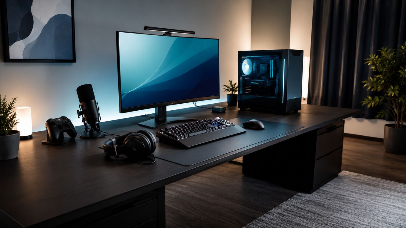 ゲーム用PCにヘッドセットやマイクを備え、複数のアプリを併用する落ち着いたデスク環境
