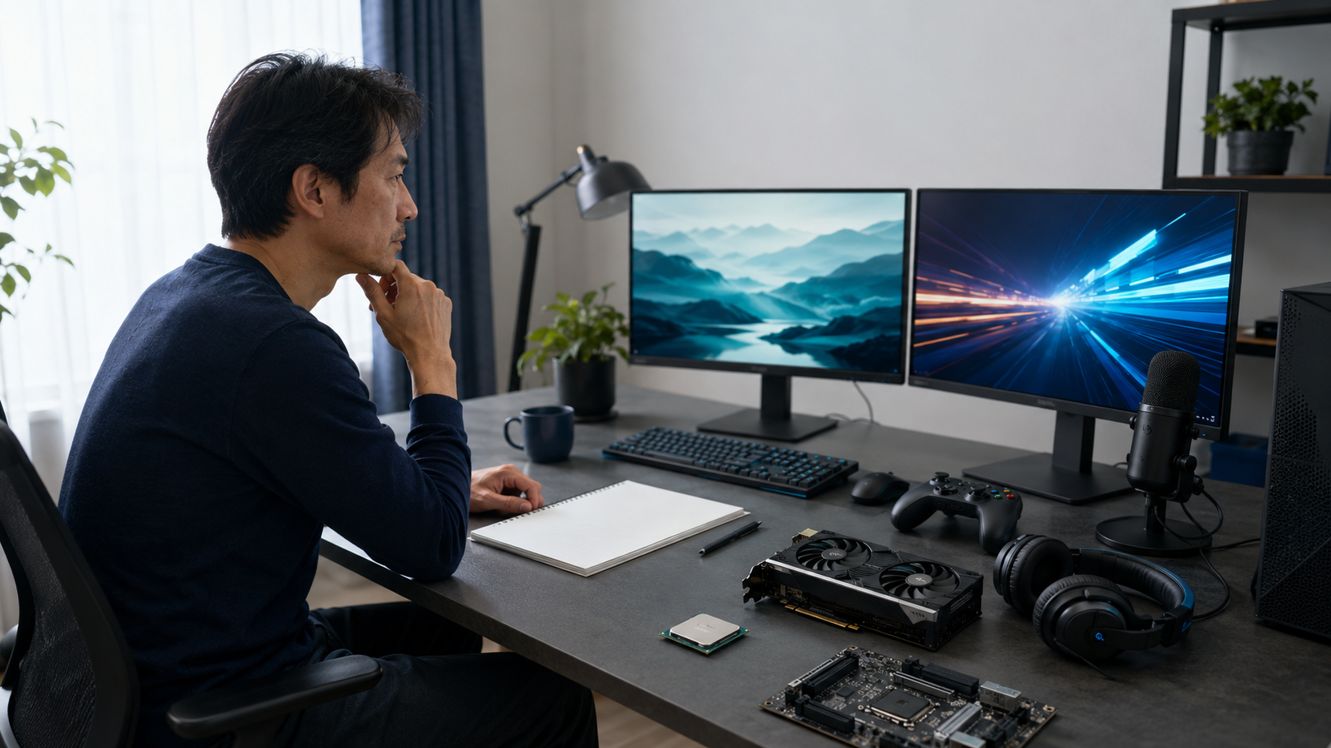 ゲーム環境とPCパーツを前に用途や目標性能を検討する大人のPCユーザー