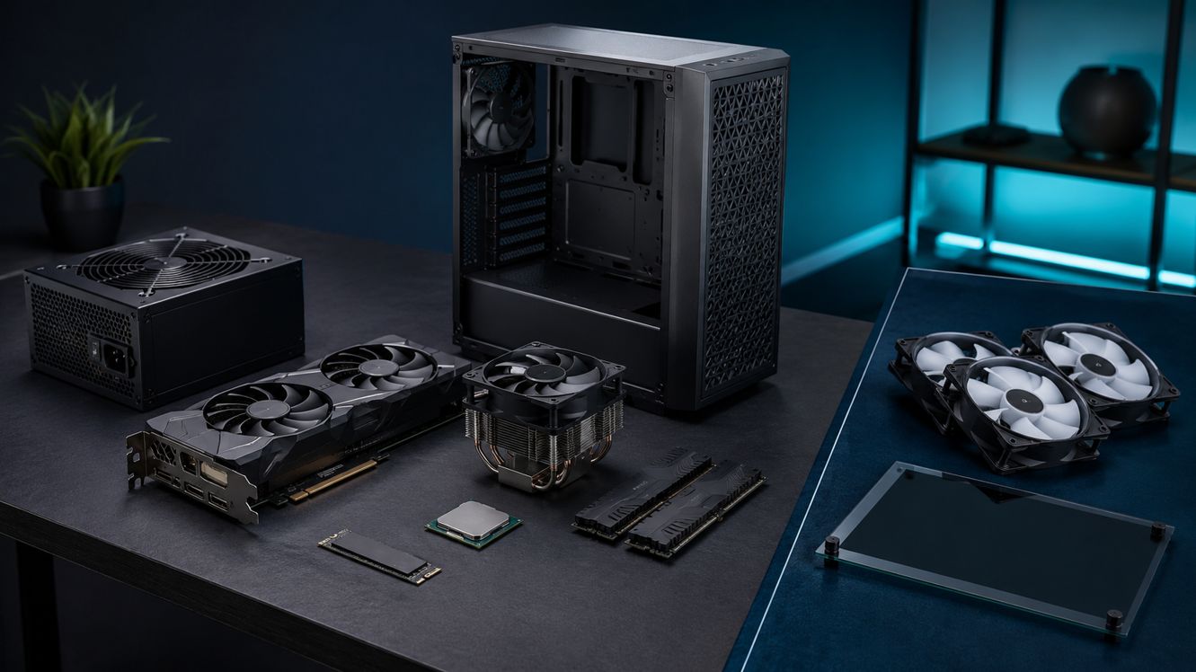 必要なPCパーツと装飾用ファンやガラスパネルを分けて並べた予算配分の比較