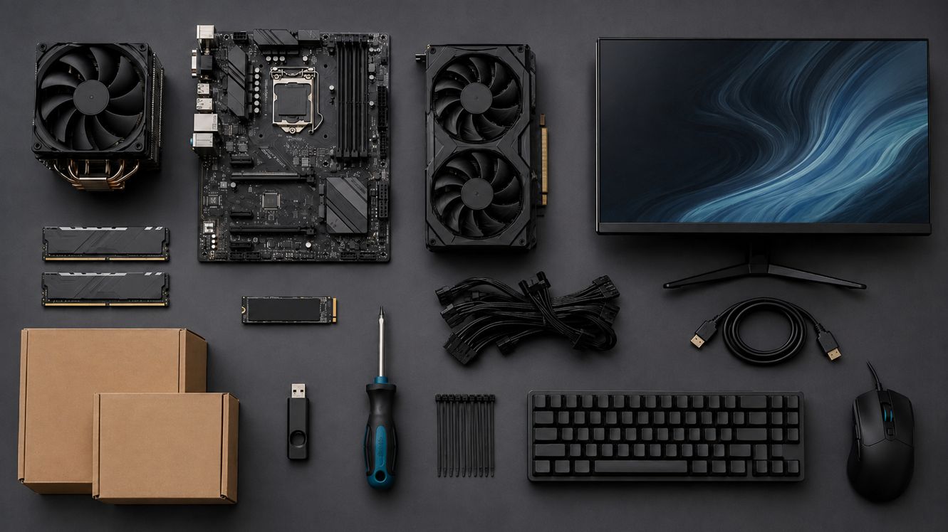 自作PCのパーツ、モニター、入力機器、工具、ケーブル、配送箱を俯瞰で整理した構成