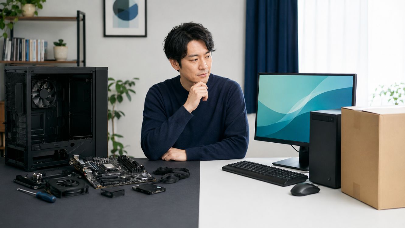 自作PC用のパーツ一式と完成済みBTOパソコンを見比べる日本人男性