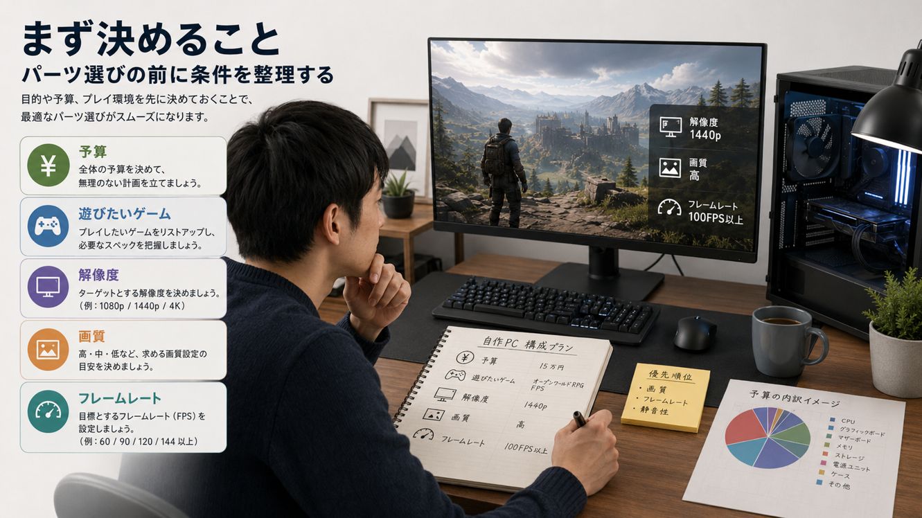 遊びたいゲームや予算、解像度を整理しながら自作PCの構成を考えるイメージ画像