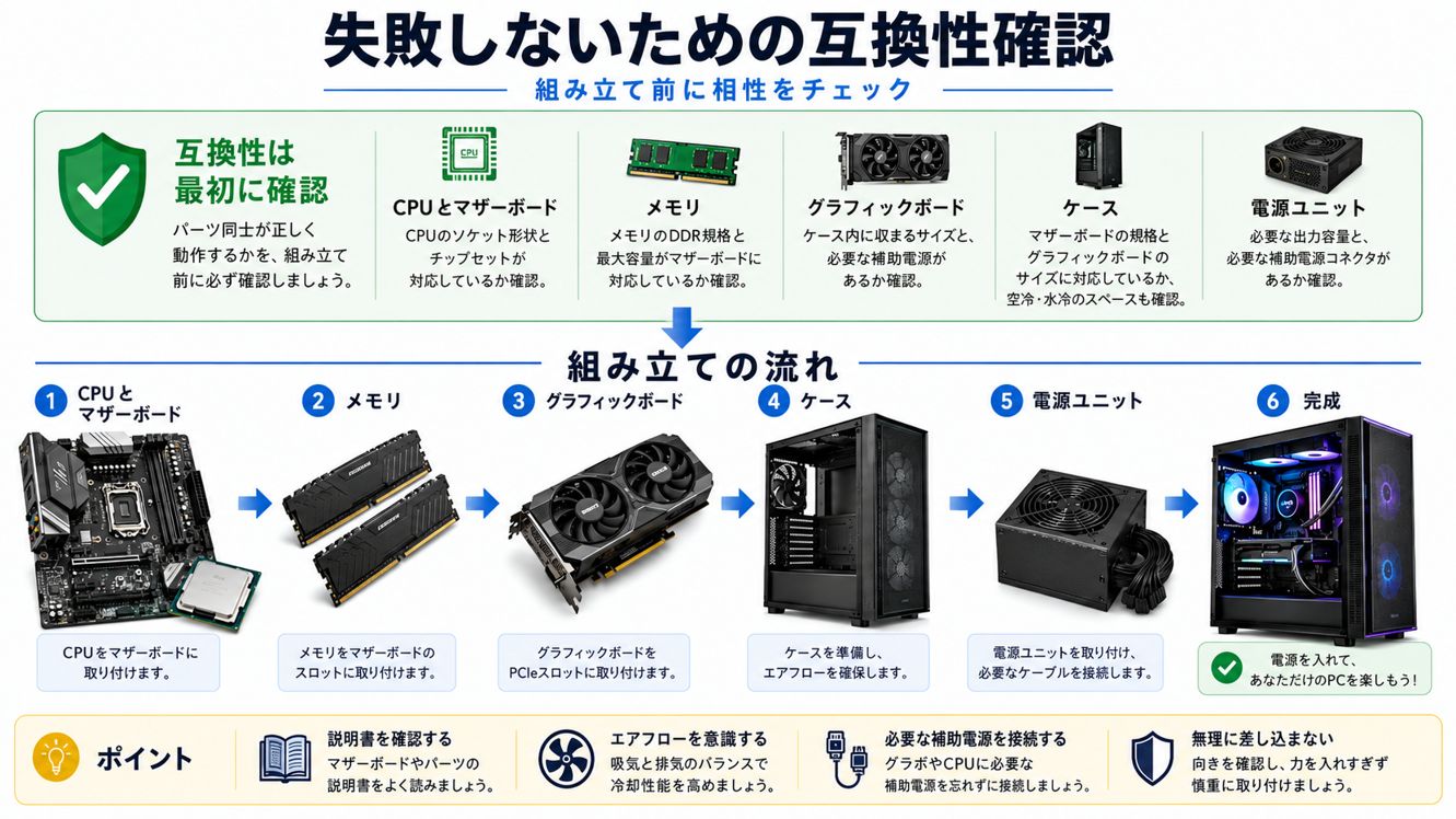 CPUやマザーボード、ケースや電源の互換性を確認しながら自作PCを組み立てる流れのイメージ画像