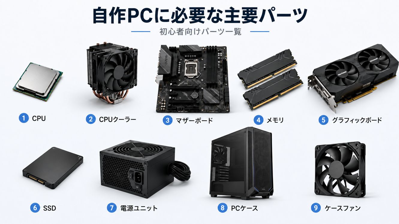 CPUやマザーボード、メモリ、グラフィックボードなど自作PCに必要な主要パーツのイメージ画像