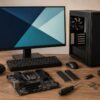 自作PC本体とパーツ、周辺機器、工具、財布を並べて完成総額を表したデスク環境