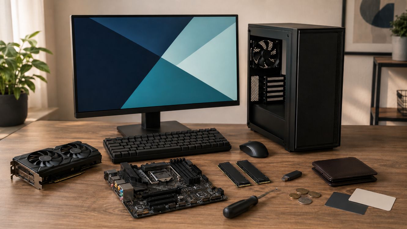 自作PC本体とパーツ、周辺機器、工具、財布を並べて完成総額を表したデスク環境