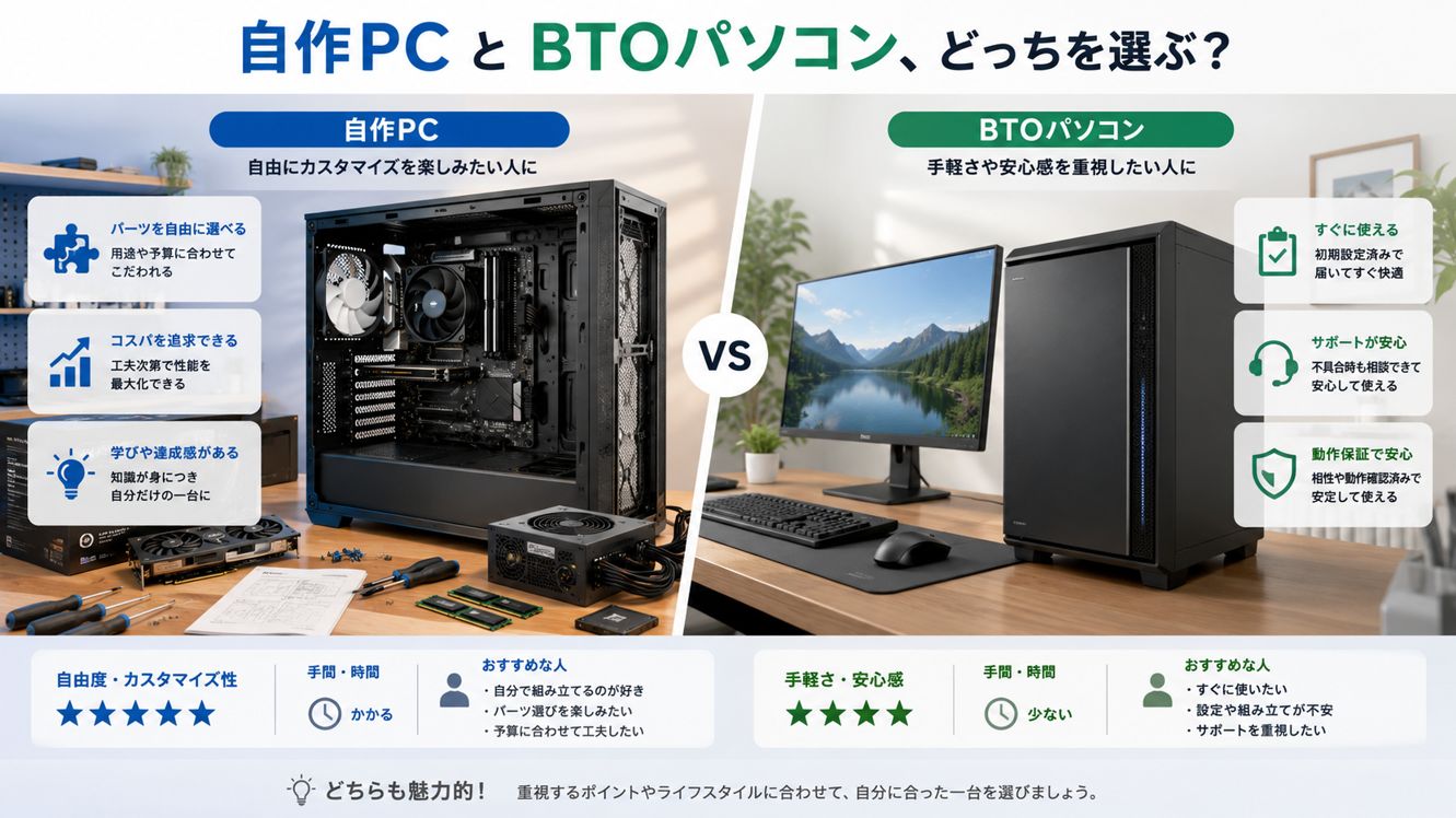 自作PCとBTOパソコンの違いを比較しながら選び方を考えるイメージ画像