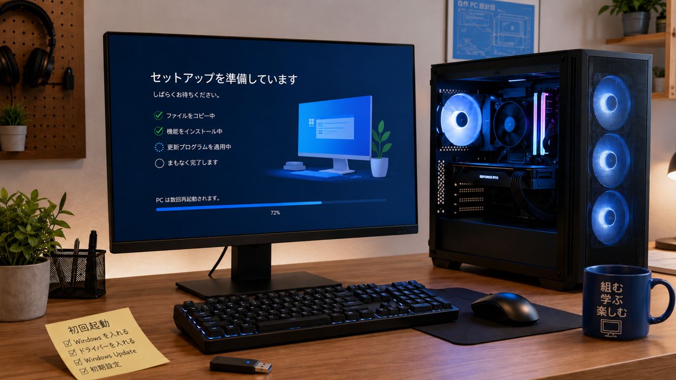 組み立てた自作PCにWindowsとドライバーを導入して初期設定を進めるイメージ画像