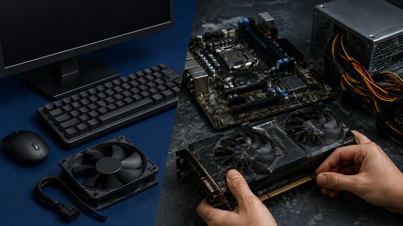 流用しやすい周辺機器と使用感のある中古グラフィックボードを確認する手元の比較