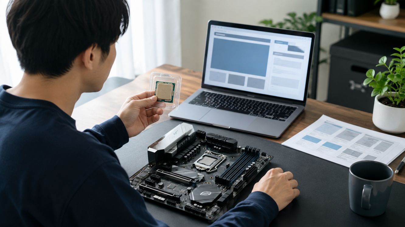 CPUを手に持ち、マザーボードの対応情報とBIOS条件を確認する自作PCユーザー