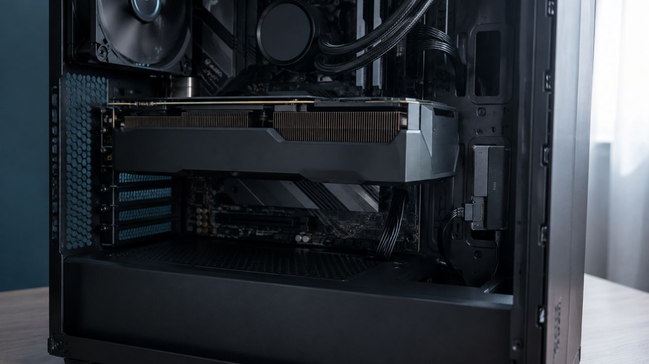 大型グラフィックボードが下側スロットやストレージ周辺を覆ったPCケース内部