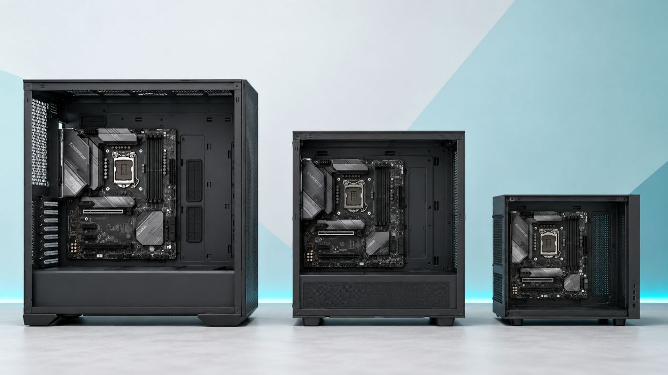 大きさの異なる3枚のマザーボードと対応するPCケースの設置スペース比較