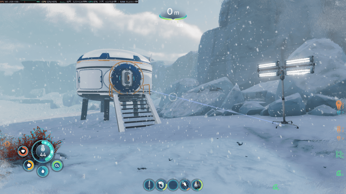 雪が降る地上に建てたSubnautica Below Zeroの拠点と照明設備