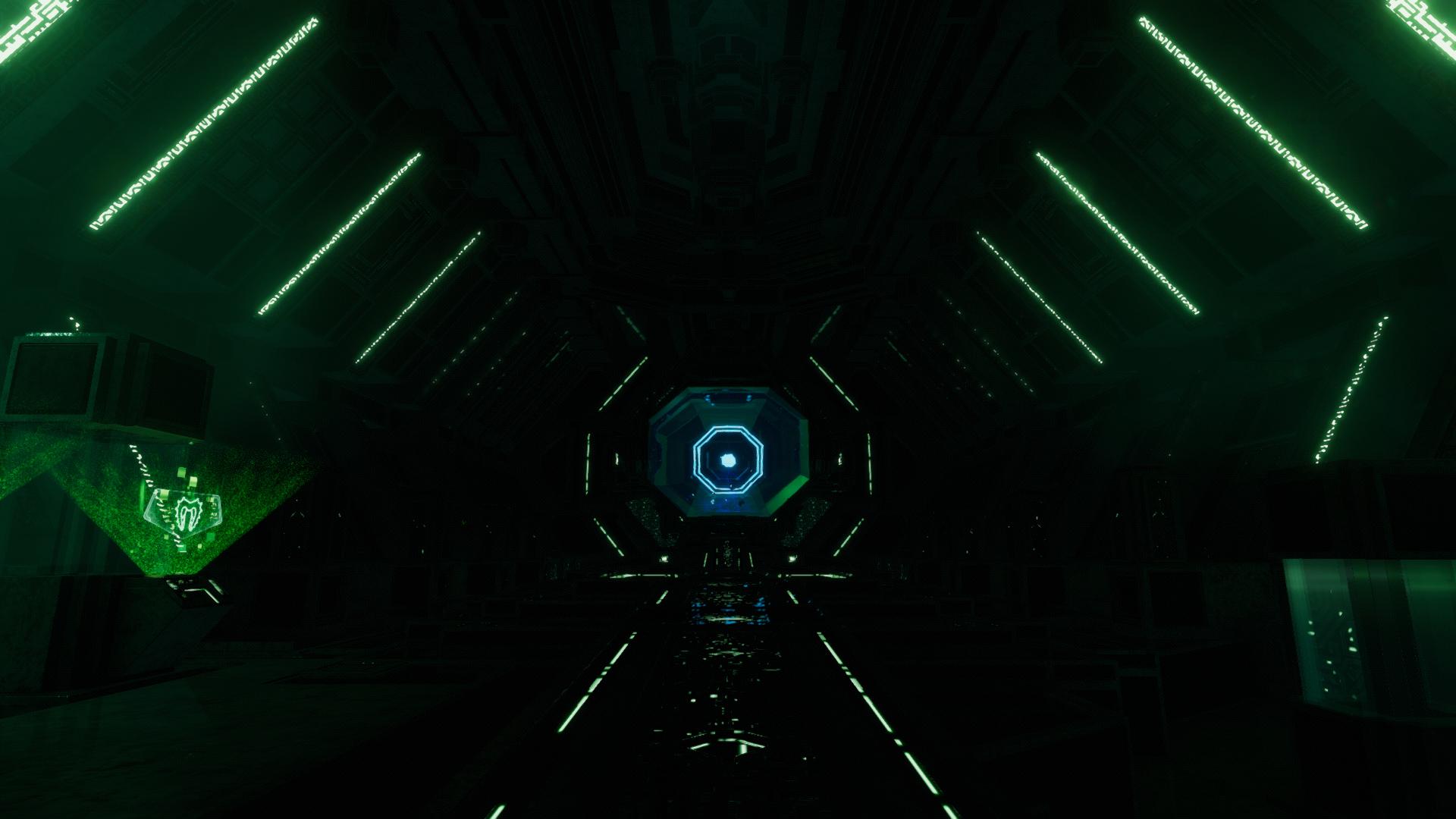 Subnautica Below Zeroのアーキテクト施設内部。暗い通路の壁や天井に緑色の照明が並び、奥には青白く発光する八角形の構造物が見える