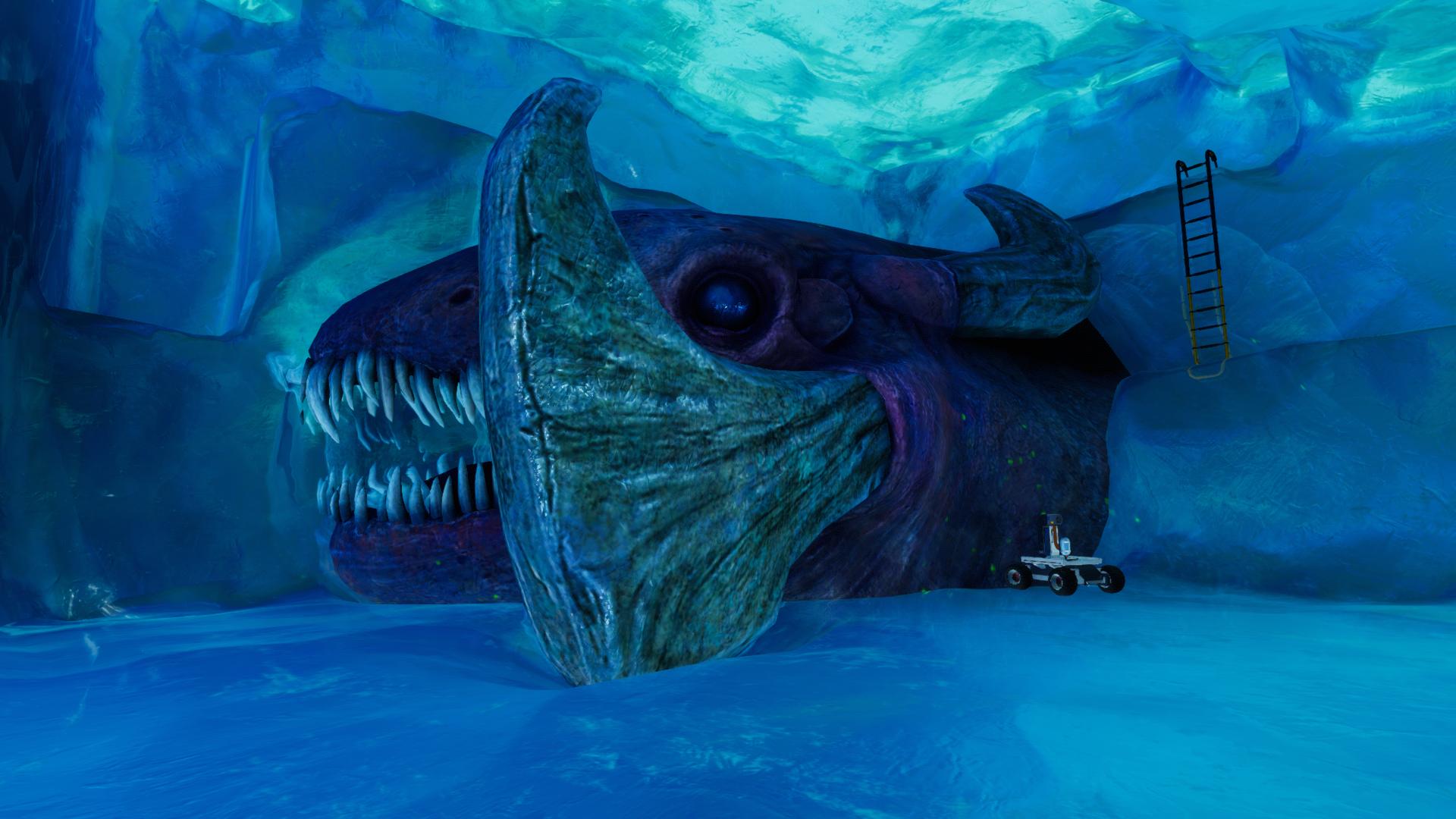 Subnautica Below Zeroの氷の洞窟に保存された氷漬けのリヴァイアサン。巨大な牙と鋭い歯を持つ頭部、周囲の氷壁や調査設備が見える