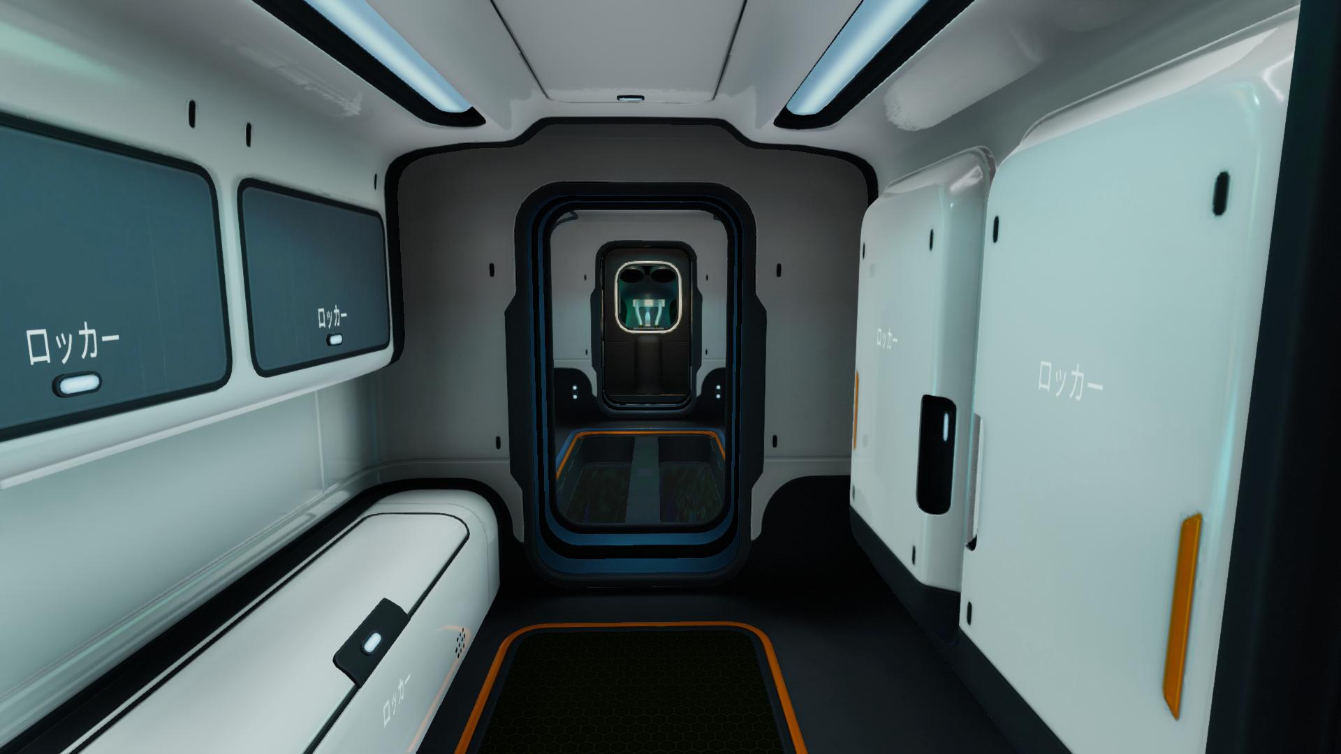 Subnautica Below Zeroのシートラック・ストレージモジュール内部に配置された複数の収納ロッカー
