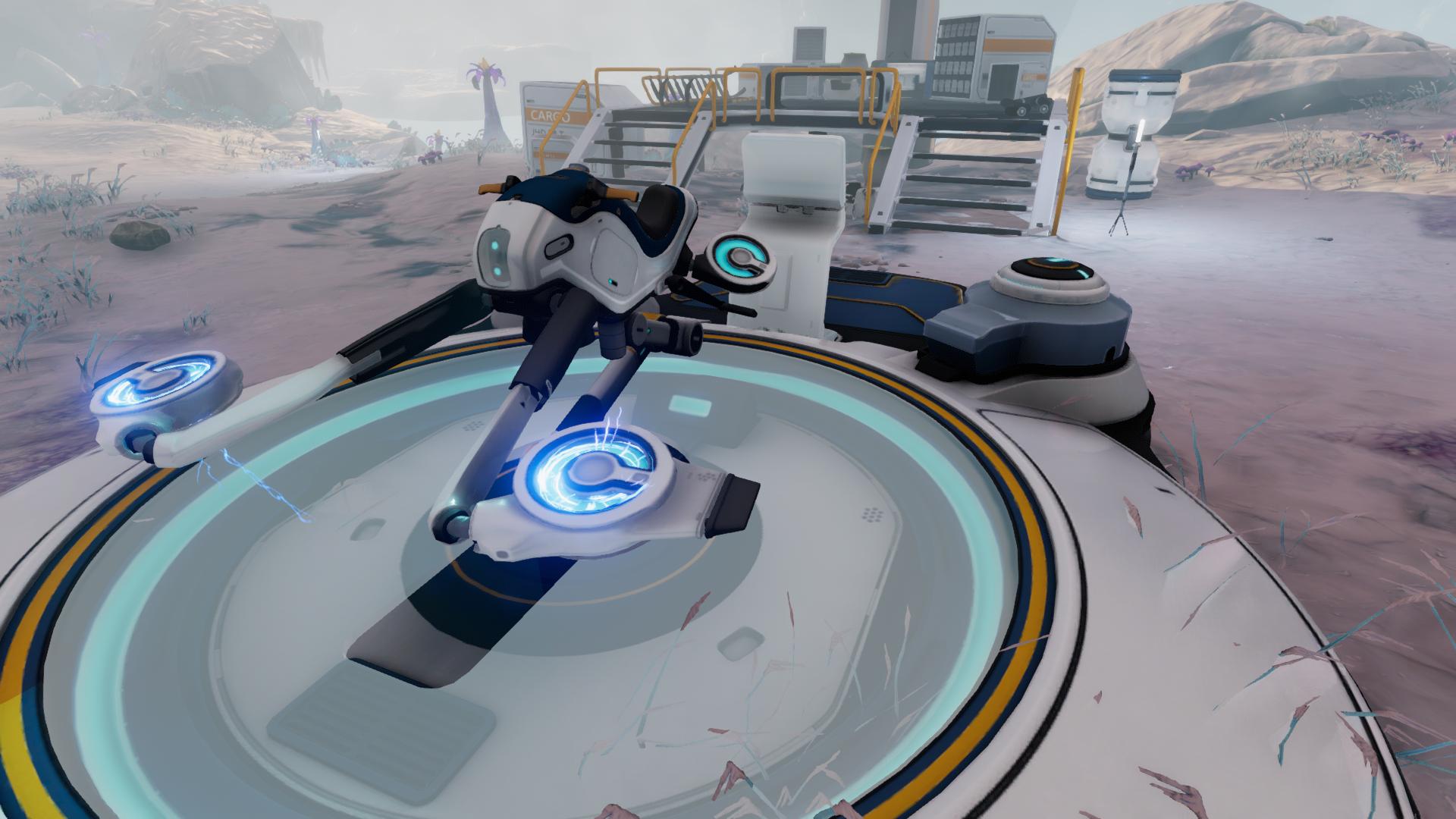 Subnautica Below Zeroの雪原に設置したスノーフォックス・ホバーパッドとスノーフォックス、奥に見える拠点