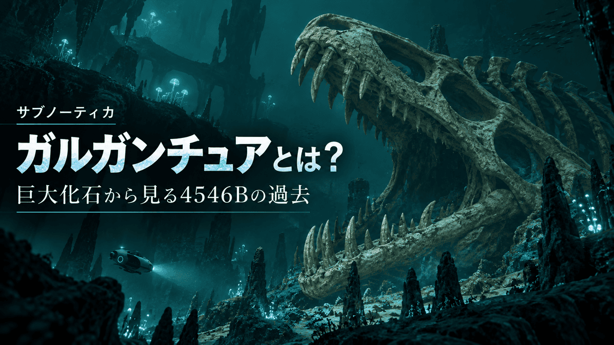 サブノーティカのロストリバーに眠るガルガンチュアリヴァイアサンの巨大化石と「ガルガンチュアとは？巨大化石から見る4546Bの過去」の文字を配置したアイキャッチ画像