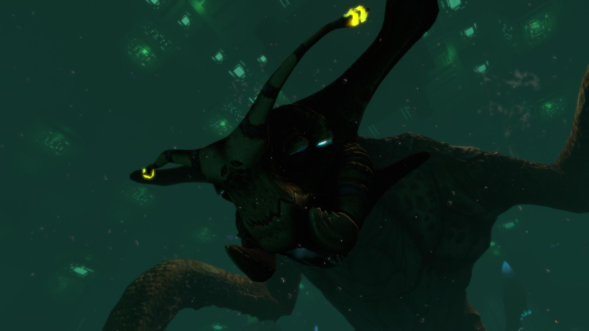 シーエンペラー・リヴァイアサンの頭部を近距離から見たSubnauticaの画面