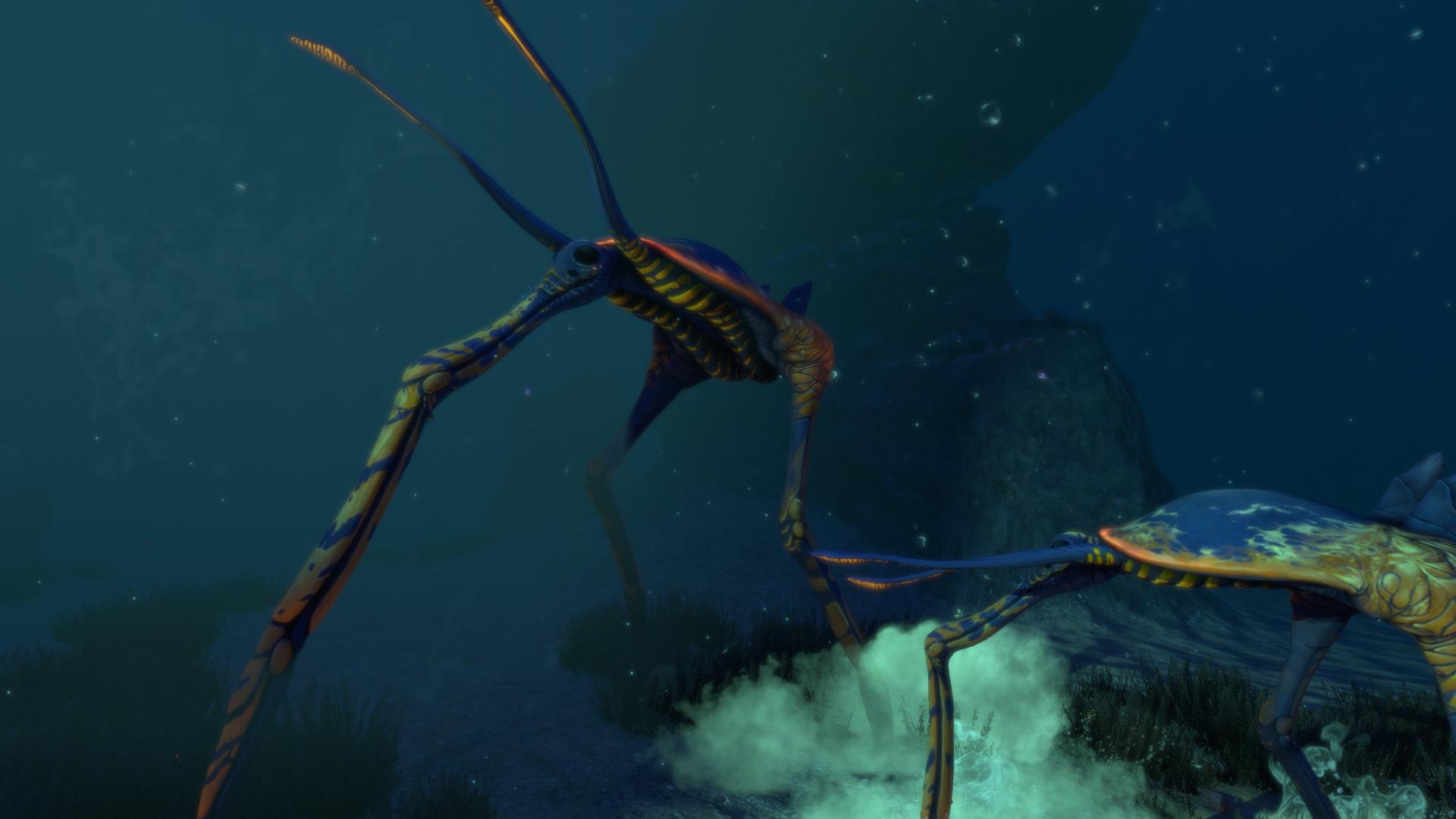 複数のシートレーダー・リヴァイアサンが海底を歩いているSubnauticaの画面